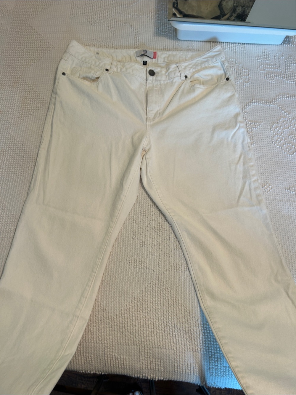 CAbi Cream Jeans with Brushed Metal Button